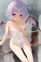 Rule 34 | 1girl, arm support, bath, blush, breasts, collarbone, commentary, completely nude, covering privates, covering breasts, demon wings, fang, highres, kanpa (campagne 9), light purple hair, looking at viewer, nude, nude cover, ofuro, red eyes, remilia scarlet, sitting, small breasts, soaking feet, solo, touhou, towel, white towel, wings