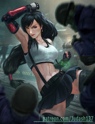 Rule 34 | 1girl, armpits, arms up, bare arms, bare shoulders, black hair, bracelet, breasts, cleavage, clenched hands, collarbone, colored skin, earrings, fantasy, fighting stance, final fantasy, final fantasy vii, final fantasy vii remake, fingerless gloves, gloves, jewelry, judash137, kicking, large breasts, long hair, looking at viewer, midriff, miniskirt, navel, open mouth, parted lips, pleated skirt, ponytail, red eyes, skirt, smile, solo, square enix, tank top, thighhighs, thighs, tifa lockhart, toned, very long hair, white skin