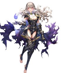 Rule 34 | 1girl, armor, barefoot, black armor, black leotard, breasts, cape, cleavage, corrin (female) (fire emblem), corrin (female) (nohr noble) (fire emblem), corrin (fire emblem), detached collar, elbow pads, feet, female focus, fire emblem, fire emblem fates, fire emblem heroes, floating, floating object, full body, gloves, greaves, hairband, highres, leotard, lips, long hair, looking at viewer, medium breasts, nintendo, official art, pointy ears, red eyes, sencha (senchat), sleeveless, solo, stone, thighhighs, toeless legwear, toes, torn cape, torn clothes, transparent background, white hair