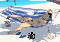 Rule 34 | 1boy, abs, alca (wakatanka4), animal ears, bara, beach, beard, black hair, bulge, chest tattoo, commission, completely nude, crab, day, erection, facial hair, gyee, highres, koji (wildlhz), leg hair, lion boy, lion ears, lion tail, lying, male focus, male pubic hair, mature male, muscular, muscular male, navel, nipples, nude, on back, one eye closed, original, outdoors, pectorals, penis, pubic hair, red eyes, sand, sand castle, sand sculpture, sandals, shade, short hair, smile, solo, stomach, stuffed animal, stuffed toy, tail, tattoo, thick eyebrows, thick thighs, thighs, uncensored
