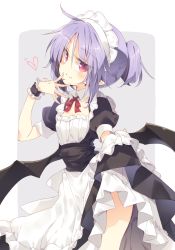 Rule 34 | 1girl, ahoge, alternate costume, apron, bat wings, breasts, clothes lift, commentary, cowboy shot, detached collar, enmaided, finger to mouth, grey background, hair between eyes, heart, lifted by self, light purple hair, looking at viewer, maid, maid apron, maid headdress, outside border, pointy ears, puffy short sleeves, puffy sleeves, red eyes, remilia scarlet, satou kibi, short hair, short ponytail, short sleeves, skirt, skirt lift, slit pupils, small breasts, smile, solo, touhou, upper body, wings, wrist cuffs