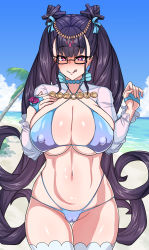 Rule 34 | 1girl, bare shoulders, beach, bikini, blue bikini, blush, breasts, cleavage, cleft of venus, collarbone, covered erect nipples, double bun, fate/grand order, fate (series), hair bun, highres, large breasts, licking lips, long hair, looking at viewer, murasaki shikibu (fate), murasaki shikibu (swimsuit rider) (fate), murasaki shikibu (swimsuit rider) (third ascension) (fate), muta poo, navel, purple eyes, purple hair, smile, solo, swimsuit, thighs, tongue, tongue out, very long hair