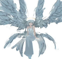 Rule 34 | 1girl, absurdres, angel, angel wings, closed mouth, dress, feathered wings, halo, highres, invisible chair, light frown, long hair, multiple wings, original, potatomochii, sitting, solo, white dress, white hair, wings