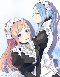 Rule 34 | 2girls, apron, blue eyes, blue hair, blush, felicia (fire emblem), fire emblem, fire emblem fates, flora (fire emblem), from above, long hair, looking at viewer, maid, maid apron, maid headdress, multiple girls, nintendo, piano (agneschen), pink hair, ponytail, siblings, sisters, smile, twins