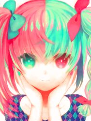 Rule 34 | 1girl, 3:, argyle clothes, argyle pattern, bad id, bad pixiv id, bow, colorful, green eyes, green hair, hair bow, hands on own cheeks, hands on own face, heterochromia, looking at viewer, matching hair/eyes, multicolored hair, nail polish, original, pink eyes, pink hair, solo, tachibana amane (amane01a), twintails