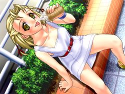 Rule 34 | 1girl, adachi rika, blonde hair, bracelet, braid, flower, food, game cg, hair ribbon, ice cream, jewelry, joy ride, libido, looking at viewer, open mouth, outdoors, pinup girls, ribbon, sitting, tongue, tongue out, twin braids