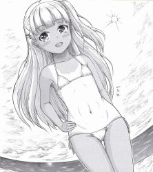 Rule 34 | 1girl, bikini, blunt bangs, blush, dutch angle, greyscale, h2 (h20000000), hand on own hip, kantai collection, long hair, looking at viewer, maestrale (kancolle), monochrome, navel, one-piece tan, one side up, open mouth, smile, swimsuit, tan, tanline