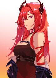 Rule 34 | 1girl, arknights, black shirt, breasts, closed mouth, clothes pull, demon horns, expressionless, from below, hair between eyes, highres, horns, jacket, jacket pull, long hair, looking at viewer, medium breasts, purple eyes, red hair, shirt, simple background, solo, surtr (arknights), talnory, upper body
