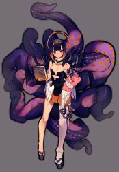 Rule 34 | 1girl, absurdres, ao-chan (ninomae ina&#039;nis), book, closed mouth, commentary, dress, flat chest, full body, grey background, highres, holding, holding book, hololive, hololive english, long hair, looking at viewer, low wings, mole, mole under eye, ninomae ina&#039;nis, ninomae ina&#039;nis (1st costume), poursuu, purple eyes, purple hair, simple background, smile, solo, stuffed animal, stuffed toy, tentacle hair, tentacles, virtual youtuber, wings