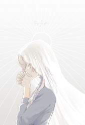 Rule 34 | 1boy, ascot, text background, bracelet, english text, closed eyes, fingernails, from side, grey background, grey shirt, highres, holostars, jewelry, keishi (trap), male focus, medium hair, multicolored hair, own hands clasped, own hands together, pink hair, praying, profile, ring, shirt, simple background, solo, streaked hair, sunburst, turtleneck, upper body, utsugi uyu, veil, virtual youtuber, white hair