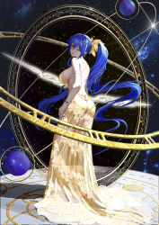 Rule 34 | 1girl, abstract background, absurdres, alternate costume, alternate hairstyle, armlet, backlighting, bangle, blue hair, blush, bow, bracelet, breasts, criss-cross back-straps, dress, earrings, evening gown, fish toucher, from behind, full body, glint, hair between eyes, hair ornament, hairclip, highres, jewelry, lace, large breasts, light smile, long dress, long hair, looking at viewer, looking back, looking to the side, magic circle, nebula, one eye closed, parted lips, ponytail, red eyes, sideboob, sleeveless, sleeveless dress, solo, space, spaghetti strap, standing, yellow bow, yellow dress