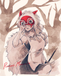 Rule 34 | 1girl, armlet, bare shoulders, black dress, bone necklace, cape, character name, commentary request, cowboy shot, dress, earrings, english text, facepaint, fur cape, hand up, highres, holding, holding mask, jewelry, knee up, mask, mononoke hime, parted lips, partially colored, red mask, san (mononoke hime), sepia, sepia background, shirt, sitting, sleeveless, sleeveless dress, solo, studio ghibli, tree shade, white background, white shirt, yukiyuki (yuki229jam)