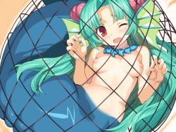 Rule 34 | 1girl, blush, breasts, captured, completely nude, fins, game cg, green hair, head fins, jewelry, long hair, looking at viewer, mermaid, monster girl, navel, necklace, net, nipples, nude, one eye closed, open mouth, rance (series), rance 01, red eyes, restrained, solo, wince, wink