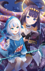 Rule 34 | 2girls, animal hood, black hair, blue eyes, book, fins, fish tail, gawr gura, gawr gura (1st costume), highres, holding, holding book, hololive, hololive english, hood, hoodie, itoyoshi tsumugi, long hair, looking at another, mole, mole under eye, multiple girls, ninomae ina&#039;nis, ninomae ina&#039;nis (1st costume), shark hood, shark tail, sitting, sitting on lap, sitting on person, tail, tentacles, virtual youtuber, white hair