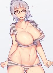 Rule 34 | 10s, 1girl, artist name, blush, breasts, brown eyes, cameltoe, cleavage, collarbone, crying, glasses, hair bun, highres, large breasts, looking at viewer, mukka, navel, open mouth, prison school, shiraki meiko, shirt, short hair, short shorts, shorts, silver hair, simple background, single hair bun, solo, stomach, striped clothes, striped shirt, sweat, tears, white background