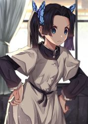 Rule 34 | &gt;:(, 1girl, absurdres, black hair, black jacket, blue eyes, blurry, blurry background, butterfly hair ornament, closed mouth, commentary request, curtains, depth of field, dress, forehead, hair ornament, hands on own hips, highres, jacket, kanzaki aoi (kimetsu no yaiba), kimetsu no yaiba, layered sleeves, long sleeves, looking away, norazura, parted bangs, short over long sleeves, short sleeves, solo, twintails, v-shaped eyebrows, white dress, window