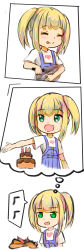 Rule 34 | 1girl, :p, absurdres, blonde hair, bowl, cake, child, cooking, closed eyes, fang, food, heart, highres, imagining, long hair, open mouth, original, overalls, print shirt, shirt, shou zong, smile, solo, thought bubble, tongue, tongue out, twintails, upper body, whisk, white shirt