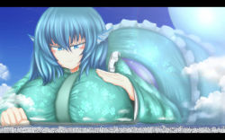 Rule 34 | 1girl, animal ears, bad id, bad nicoseiga id, blue eyes, blue hair, blush, breast rest, breasts, city, destruction, fins, giant, giantess, gigantic breasts, gradient background, head fins, highres, huge giantess, japanese clothes, kimono, letterboxed, matching hair/eyes, mermaid, monster girl, neva, obi, revision, sash, short hair, smile, solo, touhou, wakasagihime