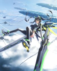 Rule 34 | 1girl, :o, aircraft, arms at sides, battle, black hair, black thighhighs, blue sky, blush, breasts, cloud, contrail, covered erect nipples, day, dual wielding, explosion, floating hair, full body, garter straps, gloves, glowing, green eyes, headgear, high heels, highres, holding, holding weapon, leotard, long hair, mecha musume, mechanical wings, medium breasts, midair, original, outdoors, shoe soles, sky, slit pupils, smoke, solo, thighhighs, twintails, weapon, wings, xsk (ruanmumu)