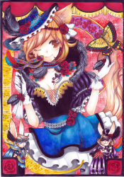 Rule 34 | 1girl, animal ears, breasts, brown eyes, bug, rabbit, butterfly, cleavage, colored pencil (medium), dated, dress, feathers, fox ears, fox tail, fur, gloves, hair ornament, hat, bug, marker (medium), mask, mosho, one eye closed, orange hair, original, painting (medium), short hair, signature, smile, solo, tail, traditional media, watercolor (medium), white gloves, wink