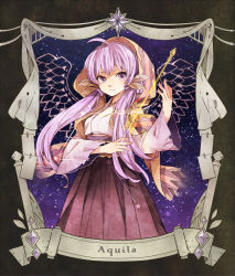 Rule 34 | 1girl, arrow (projectile), constellation, japanese clothes, long hair, looking at viewer, purple eyes, purple hair, sky, solo, star (sky), starry sky, tama (songe), twintails, vocaloid, voiceroid, yuzuki yukari