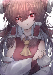 Rule 34 | 1girl, 33 gaff, ascot, bow, brown hair, closed mouth, collar, detached sleeves, hair bow, hair tubes, hakurei reimu, long hair, nontraditional miko, red bow, red eyes, red shirt, ribbon, shirt, sidelocks, simple background, smile, solo, touhou, white background, white collar, yellow ascot