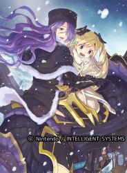 Rule 34 | 2girls, alternate costume, axe, black bow, black gloves, black hat, blonde hair, bow, camilla (fire emblem), coat, company name, copyright name, dragon, elise (fire emblem), fire emblem, fire emblem cipher, fire emblem fates, fur hat, fur trim, gloves, hair bow, hair over one eye, hat, long hair, multicolored hair, multiple girls, nintendo, official art, open mouth, purple eyes, purple hair, riding, siblings, sisters, snowing, twintails, wyvern, yugyouji tama