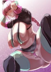 Rule 34 | 1girl, arms behind head, bikini, black hat, black thighhighs, blush, boots, braid, breasts, cleft of venus, curvy, drooling, fate/grand order, fate (series), florence nightingale (fate), florence nightingale (trick or treatment) (fate), garrison cap, gloves, green bikini, green gloves, green thighhighs, hat, high heels, highres, huge breasts, large breasts, layered bikini, long hair, microskirt, nurse cap, official alternate costume, open mouth, pink bikini, pink hair, red eyes, revealing clothes, saliva, shrug (clothing), skirt, solo, spread legs, squatting, swimsuit, thigh boots, thighhighs, tomako (tatihitoe), tongue, tongue out, uniform
