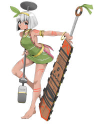 Rule 34 | 1girl, absurdres, adapted costume, armband, asatsuki (cookie), assha (schector), bangle, bare legs, barefoot, bob cut, bracelet, breasts, cookie (touhou), dark skin, dress, feather hair ornament, feathers, full body, gold, green dress, grey hair, hair ornament, hair ribbon, highres, holding, holding microphone, holding sword, holding weapon, jewelry, konpaku youmu, macuahuitl, medium breasts, microphone, microphone stand, ribbon, short hair, sleeveless, solo, standing, standing on one leg, sword, tan, tattoo, toenails, toes, touhou, weapon