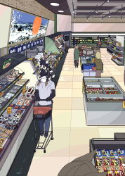 Rule 34 | 1boy, 1girl, animal ears, black footwear, black hair, blue pants, brown eyes, brown footwear, brown shirt, cargo shorts, ceiling light, child, closed mouth, denim, dog boy, dog ears, dog girl, dog tail, father and daughter, fish (food), food, furry, furry female, furry male, grocery store, happy, highres, indoors, jeans, loafers, long hair, open mouth, original, pants, people, pointing, scenery, shirt, shoes, shopping cart, short hair, short sleeves, shorts, sitting on shoulder, smile, sneakers, snout, t-shirt, tail, taracod, tile floor, tiles, walking, white shirt, white shorts