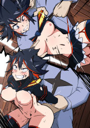 Rule 34 | 1girl, 3boys, absurdres, ahegao, arm held back, asphyxiation, ass, bent over, black gloves, black hair, blue eyes, blush, boots, breasts, breasts out, choke hold, choked, choking on object, clenched teeth, clothed sex, comic, defeat, doggystyle, drooling, eyebrows, facing viewer, garter straps, gloves, grabbing, grabbing another&#039;s breast, hair ornament, hetero, highres, holding another&#039;s wrist, kill la kill, mark gavatino, matoi ryuuko, medium breasts, midriff, miniskirt, multiple boys, navel, nipples, rape, red hair, restrained, revealing clothes, saliva, senketsu, sex, sex from behind, short hair, sidelocks, skirt, solo focus, strangling, sweat, teeth, thigh boots, thighhighs, tomboy, uneven eyes