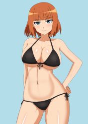 Rule 34 | 1girl, arm behind back, bikini, black bikini, blue background, brave witches, breasts, contrapposto, covered erect nipples, cowboy shot, front-tie top, gluteal fold, green eyes, groin tendon, gundula rall, hachimitsu-b, hand on own hip, large breasts, navel, orange hair, short hair, side-tie bikini bottom, smile, solo, swimsuit, thighs, world witches series