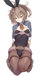 Rule 34 | 1girl, absurdres, adapted costume, animal ears, ascot, belt, belt buckle, black pantyhose, blue eyes, blush, brown belt, brown hair, buckle, closed mouth, fake animal ears, flower, full body, hair between eyes, highres, kantai collection, leotard, long sleeves, medium hair, messy hair, military, military uniform, pantyhose, playboy bunny, ponytail, rabbit ears, red ascot, red flower, red rose, rose, ryo (tg290), sheffield (kancolle), simple background, solo, uniform, white background