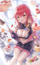 Rule 34 | 1girl, absurdres, bare legs, black collar, black jacket, black shirt, breasts, cake, cake slice, cleavage, cleavage cutout, clothing cutout, collar, crop top, cup, fang, food, fork, highres, holding, jacket, large breasts, long hair, looking at viewer, navel, nekota tsuna, off shoulder, open clothes, open jacket, open mouth, orange eyes, partially unzipped, plate, red hair, shirt, shoulder cutout, sitting, smile, solo, stomach, teacup, teapot, very long hair, virtual youtuber, vspo!, yahiro (heartseek000)