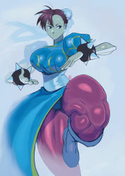 Rule 34 | 1girl, absurdres, blue dress, boots, bracelet, breasts, brown eyes, brown hair, capcom, china dress, chinese clothes, chun-li, combat boots, double bun, dress, earrings, fog, hair bun, hair ornament, hardkoba, highres, jewelry, large breasts, looking to the side, pantyhose, puffy short sleeves, puffy sleeves, sash, short sleeves, solo, spiked hair, street fighter, thick eyebrows, thighs, white background