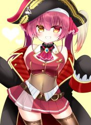 Rule 34 | 1girl, arrow (projectile), arrow through heart, bare shoulders, belt, belt buckle, bicorne, black hat, black jacket, blush, breasts, brown belt, brown eyes, brown thighhighs, buckle, commentary request, covered navel, grin, hair between eyes, hair ribbon, hat, heart, heterochromia, hololive, houshou marine, jacket, long hair, long sleeves, looking at viewer, medium breasts, off shoulder, open clothes, open jacket, pleated skirt, red eyes, red hair, red ribbon, red shirt, red skirt, ribbon, shikito (yawa0w0), shirt, skindentation, skirt, sleeveless, sleeveless shirt, sleeves past fingers, sleeves past wrists, smile, solo, standing, thighhighs, twintails, virtual youtuber