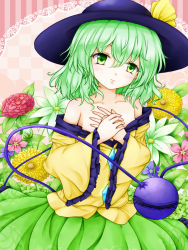 Rule 34 | 1girl, bare shoulders, collarbone, doily, eyelashes, floral background, flower, flower request, frown, green eyes, green hair, hands on own chest, hat, hat ribbon, highres, komeiji koishi, leaning, looking at viewer, matching hair/eyes, neko mata, own hands together, ribbon, short hair, skirt, solo, striped, striped background, third eye, touhou, vertical stripes