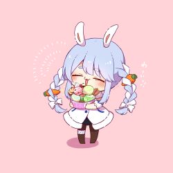 Rule 34 | 0725akaba, 1girl, :d, black leotard, blue hair, blush, bow, braid, brown pantyhose, carrot hair ornament, chibi, closed eyes, colored shadow, detached sleeves, dress, food, food-themed hair ornament, hair bow, hair ornament, highres, hololive, hugging object, ice cream, leotard, leotard under clothes, long hair, multicolored hair, no shoes, open mouth, pantyhose, pink background, puffy short sleeves, puffy sleeves, shadow, short sleeves, simple background, smile, solo, tears, translation request, twin braids, twintails, two-tone hair, usada pekora, usada pekora (1st costume), very long hair, virtual youtuber, white bow, white dress, white hair, white sleeves