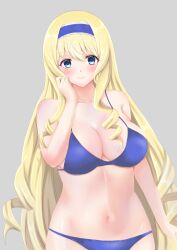 Rule 34 | 1girl, absurdres, bikini, blonde hair, blue bikini, blue eyes, bow, breasts, cecilia alcott, cleavage, drill hair, hair bow, highres, infinite stratos, large breasts, legs, long hair, looking at viewer, navel, smile, solo, swimsuit, thighs