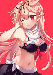 Rule 34 | 1girl, absurdres, adapted costume, bikini, bikini skirt, black bikini, black ribbon, black skirt, blonde hair, breasts, cleavage, fathom, groin, hair flaps, hair ornament, hair ribbon, hairclip, highres, kantai collection, long hair, looking at viewer, medium breasts, navel, red background, red eyes, ribbon, scarf, simple background, skirt, solo, swimsuit, white scarf, yuudachi (kancolle), yuudachi kai ni (kancolle)