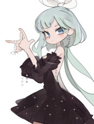 Rule 34 | 1girl, aqua hair, black dress, blue eyes, breasts, dress, earrings, finger gun, from side, hair ribbon, highres, indie virtual youtuber, jewelry, long hair, mantou rei, medium breasts, onionsketch, ribbon, ring, solo, virtual youtuber, white background, white ribbon