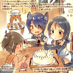 Rule 34 | 10s, 3girls, :d, admiral (kancolle), aged down, animal, black gloves, black hair, black necktie, brown hair, cake, commentary request, dated, elbow gloves, eyepatch, fingerless gloves, food, fruit, gloves, green eyes, hamster, headgear, holding, holding plate, i-401 (kancolle), kantai collection, kirisawa juuzou, long hair, low twintails, multiple girls, necktie, non-human admiral (kancolle), open mouth, plate, ponytail, purple hair, sailor collar, school uniform, serafuku, short hair, short sleeves, sleeveless, smile, strawberry, suzukaze (kancolle), tenryuu (kancolle), traditional media, translation request, twintails, twitter username, yellow eyes