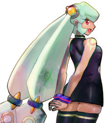 Rule 34 | 1girl, arms behind back, bracelet, breasts, dark-skinned female, dark skin, female focus, green hair, jewelry, long hair, looking at viewer, looking back, medium breasts, mega man (series), mega man legends (series), open mouth, own hands together, red eyes, simple background, smile, solo, thighhighs, twintails, white background, yuna (mega man), zettai ryouiki