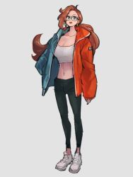 Rule 34 | 1girl, alternate costume, alternate hairstyle, android 21, black pants, blue eyes, breasts, cleavage, crop top, dragon ball, dragon ball fighterz, glasses, hand in pocket, kemachiku, long hair, looking at viewer, medium breasts, open mouth, pants, ponytail, red hair, shoes, smile, sneakers, solo