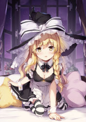 Rule 34 | 1girl, apron, arm support, bare shoulders, black bow, black bowtie, black hat, black skirt, black thighhighs, blonde hair, blush, bow, bowtie, braid, breasts, cleavage, curtains, flower pot, frilled apron, frills, hair bow, hat, hat bow, highres, indoors, kirisame marisa, kneeling, long hair, looking at viewer, medium breasts, miniskirt, miyase mahiro, open mouth, petticoat, pillow, sidelocks, single braid, skirt, skirt hold, solo, star-shaped pillow, striped clothes, striped thighhighs, thighhighs, touhou, waist apron, white apron, white bow, white thighhighs, window, witch hat, wrist cuffs, yellow eyes