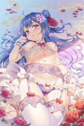 Rule 34 | 1girl, armlet, azur lane, blue eyes, blue hair, blush, bra, breasts, breasts out, cameltoe, closed mouth, commentary request, covered erect nipples, cupless bra, flower, garter belt, garter straps, hair bun, hair flower, hair ornament, lingerie, long hair, looking at viewer, lying, medium breasts, miazi, mouth hold, navel, nipples, on back, one side up, panties, pasties, petals, purple panties, pussy, pussy peek, revealing clothes, side bun, single hair bun, single side bun, solo, thighhighs, underwear, underwear only, unicorn (azur lane), white thighhighs, wrist cuffs