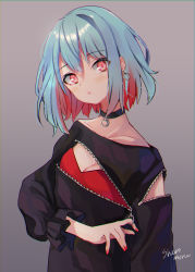 Rule 34 | 1girl, artist name, black choker, black jacket, blue hair, blush, breasts, choker, cleavage, collarbone, commentary request, earrings, grey background, head tilt, highres, jacket, jewelry, long sleeves, looking at viewer, medium breasts, multicolored hair, nail polish, original, red eyes, red hair, red nails, shiromoru (yozakura rety), short hair, sidelocks, signature, simple background, solo, two-tone hair, upper body, zipper
