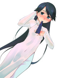 Rule 34 | 10s, 1girl, adjusting hair, arm up, black hair, blue eyes, blush, breasts, covered navel, cowboy shot, dutch angle, eyebrows, hair down, hair tie, hand in own hair, hand on own chest, houshou (kancolle), isshitaira, kantai collection, long hair, long sleeves, looking at viewer, mouth hold, simple background, small breasts, solo, tying hair, very long hair, vietnamese dress, white background