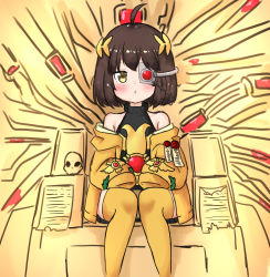 Rule 34 | 1girl, aged down, ahoge, artificial eye, bailingxiao jiu, brown hair, child, chinese commentary, commentary request, emperor of mankind, genderswap, genderswap (mtf), highres, imperium of man, mechanical eye, original, parchment, purity seal, skull, solo, thighhighs, throne, warhammer 40k, yellow eyes