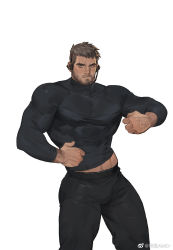 Rule 34 | 1boy, amo (amo9612), bara, beard, black pants, brown hair, bulge, chris redfield, clothes lift, covered abs, covered erect nipples, facial hair, feet out of frame, headphones, highres, large pectorals, lifting own clothes, looking at viewer, male focus, mature male, midriff peek, muscular, muscular male, navel hair, paid reward available, pants, pectorals, resident evil, resident evil 5, shirt, shirt lift, short hair, skin tight, solo, stubble, taut clothes, taut shirt, thick thighs, thighs, tight clothes, tight pants, undercut